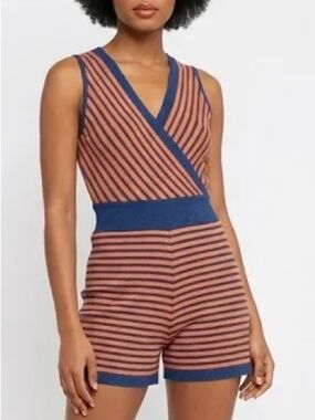 NWT De Lovest Navy & Orange Striped Ribbed Knit Romper Size M